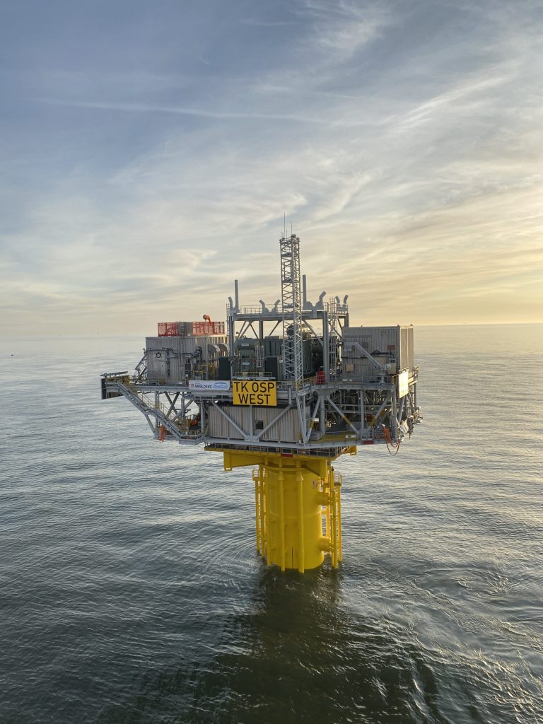 Offshore Substation Platform West fully installed 12 April 2020, first of two OSPs at Triton Knoll.